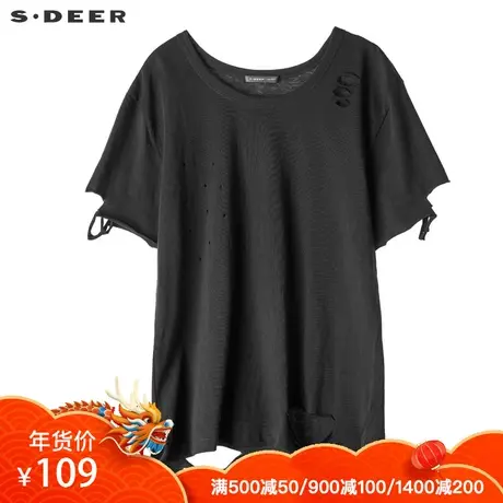sdeer圣迪奥2018新款女装春装破洞设计套头圆领短袖T恤S18180211图片