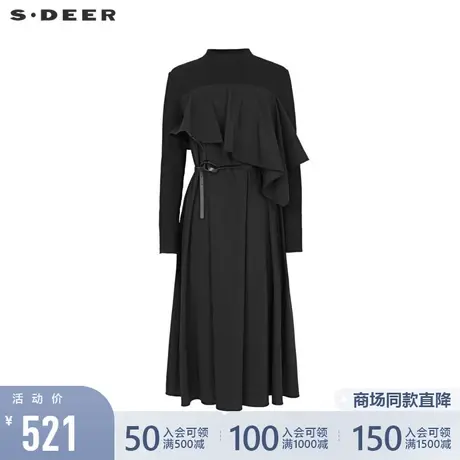 sdeer圣迪奥女装22春夏新品半高领拼接收腰不规则连衣裙S221Z1282图片