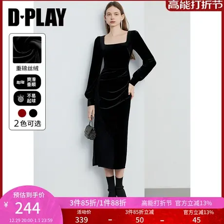 DPLAY春优雅方领泡泡袖修身裙摆侧开衩丝绒连衣裙小黑裙礼服商品大图