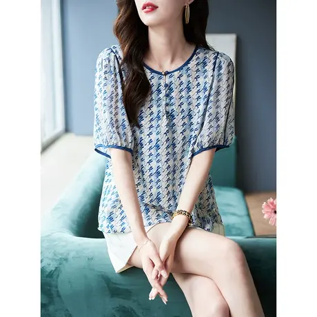宝诗黎圆领印花短袖雪纺衫女2025夏季新款泡泡袖休闲洋气百搭上衣图片