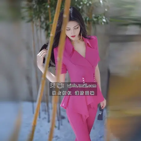 VJE夏季气质短袖职业套装新款小裙摆小西服外套喇叭裤两件套商品大图