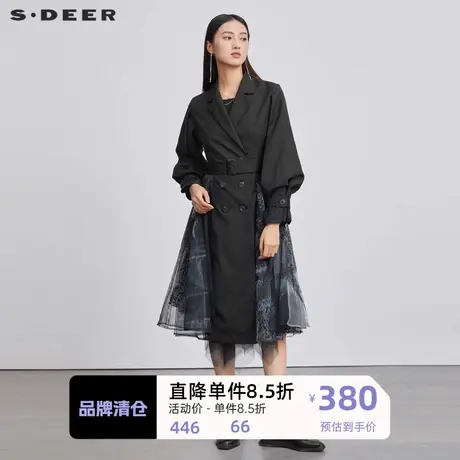 sdeer圣迪奥女装西装领收腰印花欧根纱长款风衣S223Z1837图片