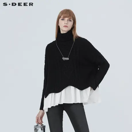 【直播间专属】sdeer圣迪奥个性高领落肩拼接毛衣S20483505图片