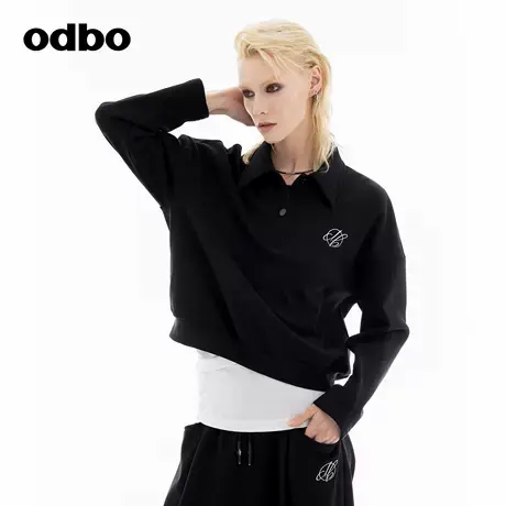 odbo/欧迪比欧精品休闲上衣2024秋冬新款宽松加绒POLO衫短款卫衣商品大图