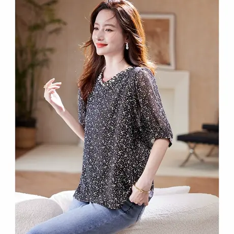 宝诗黎【新品价178元】圆领钉钻碎花短袖衬衫JT1168图片