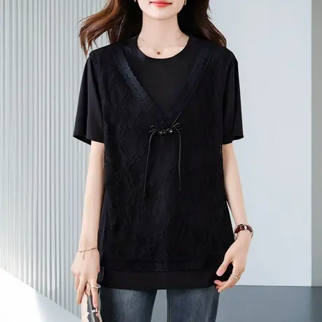 今年流行蕾丝拼接假两件上衣短袖t恤女夏中长款黑色中年妈妈大码商品大图