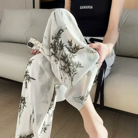 扎染冰丝阔腿裤女春秋新款水墨国风休闲防晒高腰直筒雪纺印花裤子商品大图