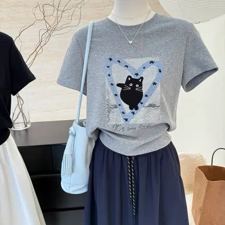 2025夏季新款时尚短款T恤爱心小猫印花短袖t恤女休闲百搭正肩上衣商品大图