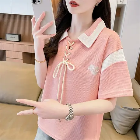 polo领短袖t恤女2025新款夏季韩版宽松大码女装初中生小个子上衣图片