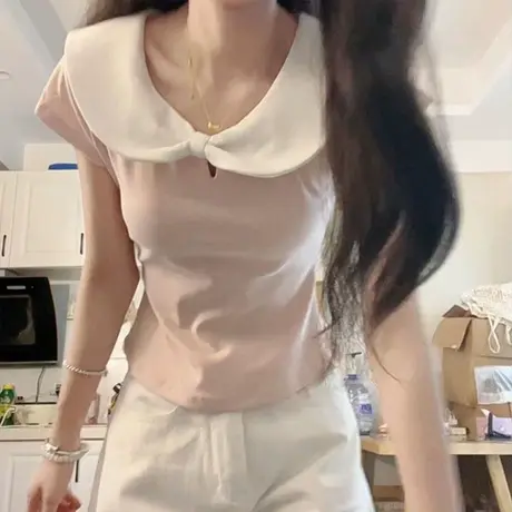韩系高级感娃娃领短袖T恤女夏季韩版修身短款小个子甜辣妹上衣潮商品大图