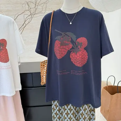 荔枝印花宽松显瘦百搭雪花棉短袖T恤女夏季新款韩版时尚正肩上衣商品大图