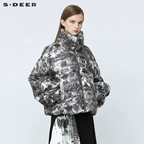 sdeer圣迪奥2021冬装新款高领水墨晕染喇叭袖短款羽绒服S21462469图片