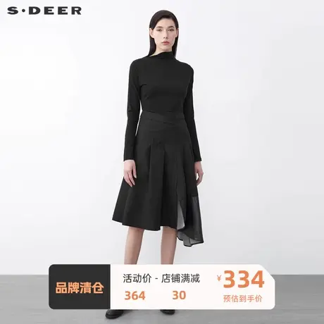 sdeer圣迪奥女装不规则领撞色胶印拼接长袖连衣裙S21481203图片