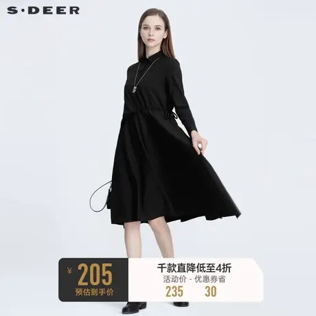 sdeer圣迪奥冬季女装优雅通勤翻领收腰黑色衬衫连衣裙S20481219图片