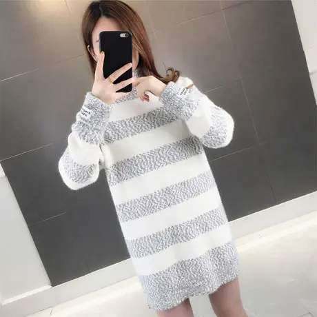 5920新款韩版宽松外穿条纹高领针织中长款加厚雪尼尔套头毛衣商品大图