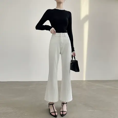 九分白色牛仔微喇裤女2025春秋新款高腰宽松显瘦小个子八分喇叭裤图片