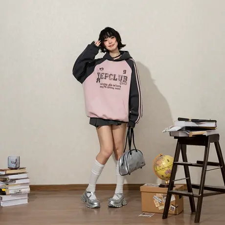 YEP复古拼接印花连帽卫衣女春秋新款插肩袖条纹帽衫宽松初秋外套商品大图