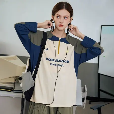 a02【男女同款】运动长袖半拉链训练服女式T恤2025春季撞色长袖图片