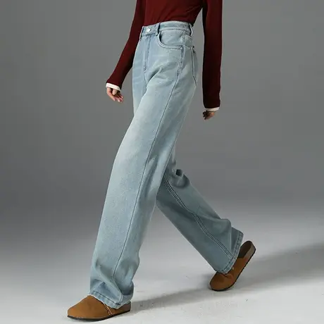 浅色加绒阔腿牛仔裤女冬季2024新款宽松小个子直筒裤秋冬拖地裤子商品大图