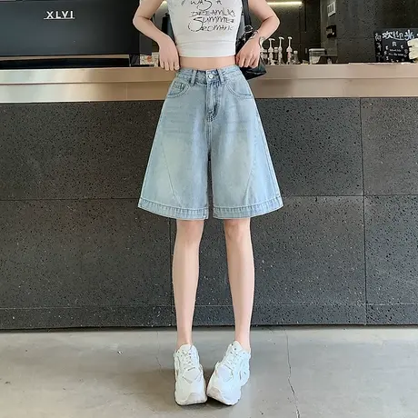 时尚牛仔短裤2025年夏季新款女高腰显瘦百搭宽松阔腿五分牛仔裤商品大图