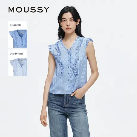 MOUSSY 2025夏季新品复古港风抽褶花边无袖条纹衬衫028ISA30-3461商品大图