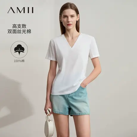Amii2025夏新款极简纯色修身丝光棉全棉字母绣花微弹短袖T恤商品大图