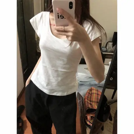 小个子短款正肩短袖T恤女夏季修身韩版打底衫内搭U领竹节棉上衣潮图片