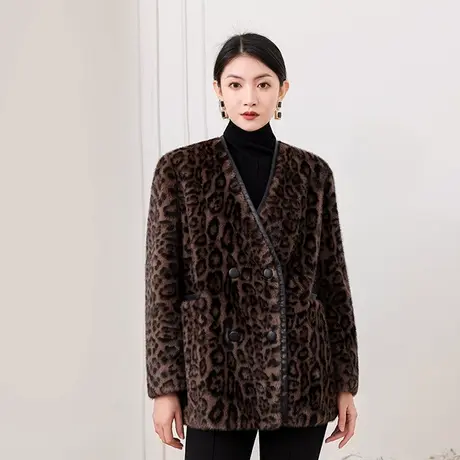 希区瑞普新款轻奢豹纹环保皮草大衣女秋冬小众宽松软糯毛毛商品大图