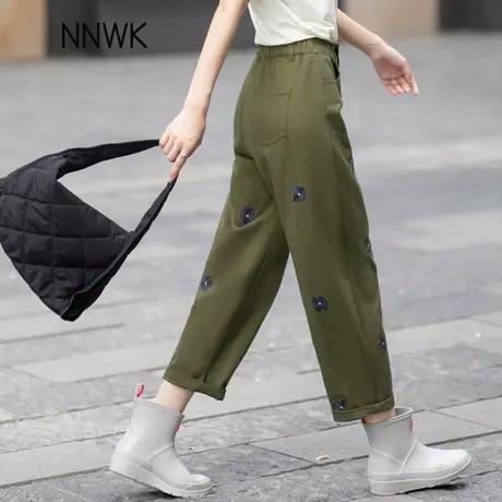 军绿色绣花牛仔裤女2025新款休闲松紧腰小个子九分裤哈伦美式裤子图片