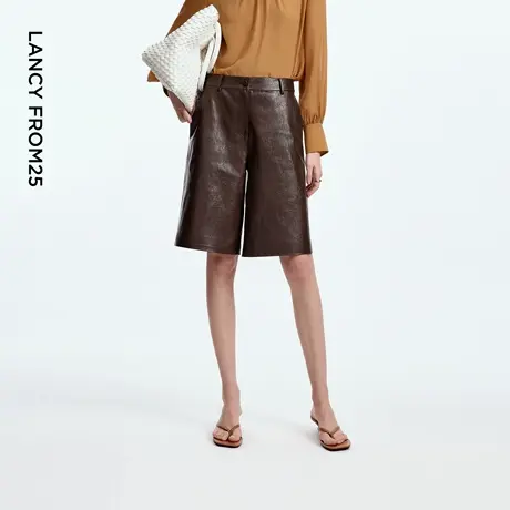 朗姿摩登复古蜡感五分短裤H型高腰设计感PU皮革2025年秋季新款商品大图