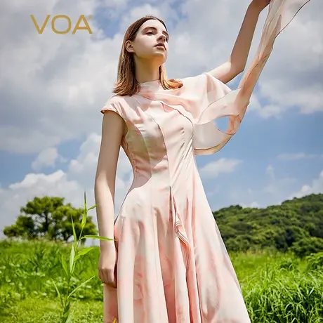 VOA100%桑蚕丝印花三层乔其半高领不对称活页设计垂顺飘逸仙女裙图片