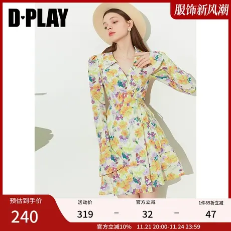 DPLAY法式初夏繁花V字翻领一片式喇叭袖度假风茶歇裙野餐裙图片