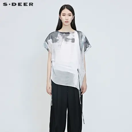 sdeer圣迪奥夏季抽绳落肩蝙蝠袖雪纺印染衬衫女S20280419图片