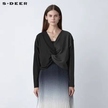 sdeer圣迪奥女装春秋装休闲V领堆叠交叉撞色长袖T恤S221Z0215图片
