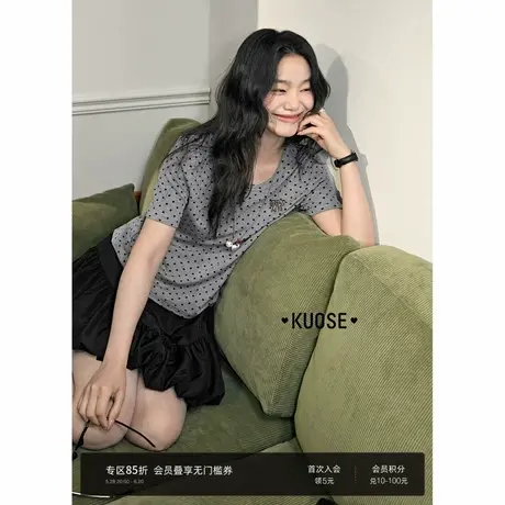 阔色miu系波点气质T恤女2025春夏季新款蝴蝶结修身显瘦短款上衣图片