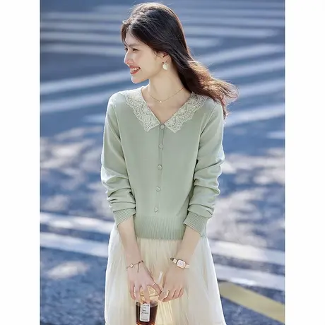 时尚气质毛衣2025年春季新款女V领拼接蕾丝知性针织温柔上衣商品大图