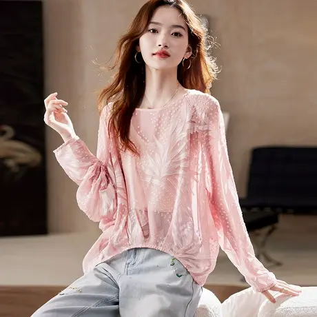 宝诗黎蝙蝠袖提花镂空雪纺衫2025夏季韩系气质宽松休闲防晒罩衫女商品大图