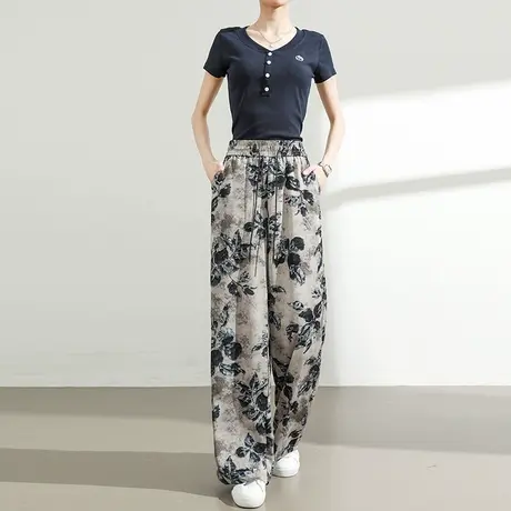 国风缎面印花冰丝阔腿休闲裤女夏季薄款高腰宽松直筒防晒拖地裤子商品大图