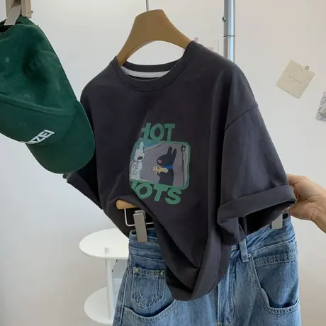 气质深灰色撞色字母印花卡通圆领短袖T恤女宽松慵懒风减龄上衣夏商品大图