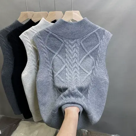 2024秋冬新款马甲女半高领纯色针织背心女坎肩上衣毛衣两面穿开衫商品大图