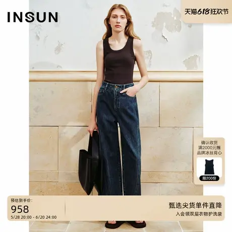 INSUN恩裳夏季纯棉复古蓝色阔腿牛仔裤商品大图