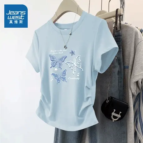 KMV真维斯蓝色正肩短袖t恤女2025新款夏季修身上衣紧身抽褶体恤女图片