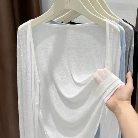 轻薄冰丝雪花棉防晒开衫配裙子透气空调衫长袖v领白色罩衫海边女商品大图