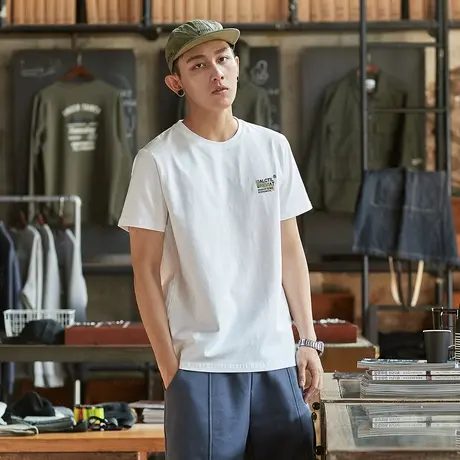 唐狮夏季新款男短袖T恤简约宽松圆领上衣潮流半袖内搭打底衫t官方图片