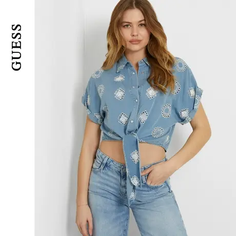 GUESS女士镂空花纹收腰系带短衬衫上衣-W4GH34D5CD1图片