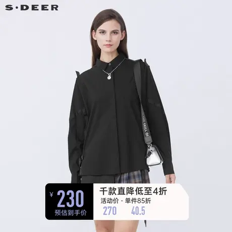 sdeer圣迪奥春装女装休闲翻领织带拼接黑色长袖衬衫S21380503🌺商品大图