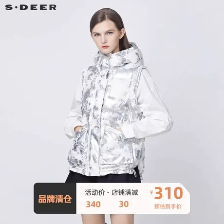 sdeer圣迪奥女装高领连帽字母胶印抽绳羽绒马甲S21461604🆔商品大图