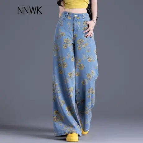 时尚印花阔腿牛仔裤女夏季薄款2025新款独特超好看裤子高腰直筒裤商品大图