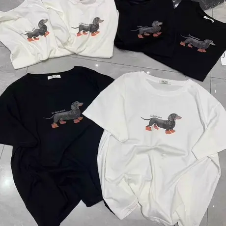 韩国东大门2025夏季新款休闲百搭美式复古小狗印花宽松短袖T恤女商品大图