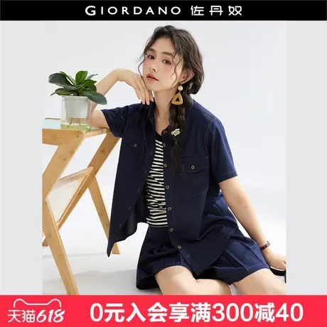 设计师款佐丹奴短袖衬衫女夏新款仿牛仔复古风明线衬衣女18345606图片